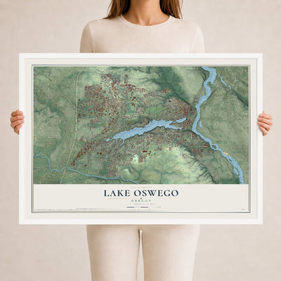 Map of Lake Oswego, Oregon, 24 x 36 inch print in a white wood frame