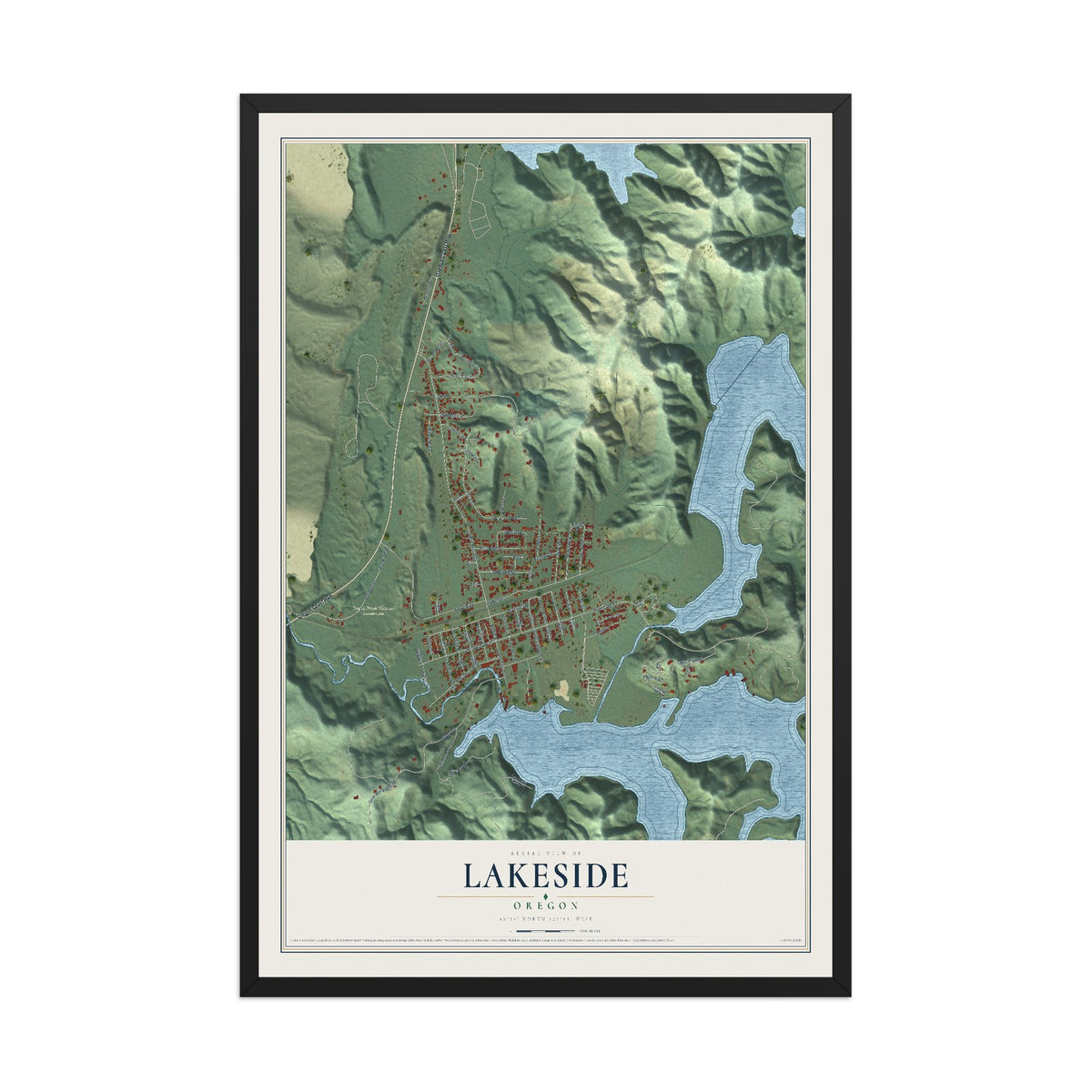 Map of Lakeside, Oregon, 12 x 18 inch print in a black wood frame