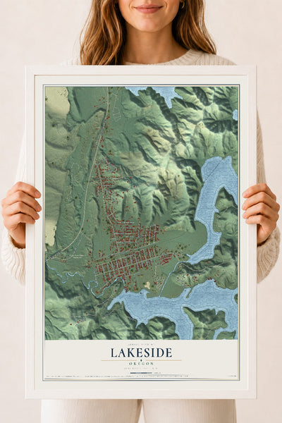 Map of Lakeside, Oregon, 18 x 24 inch print in a white wood frame