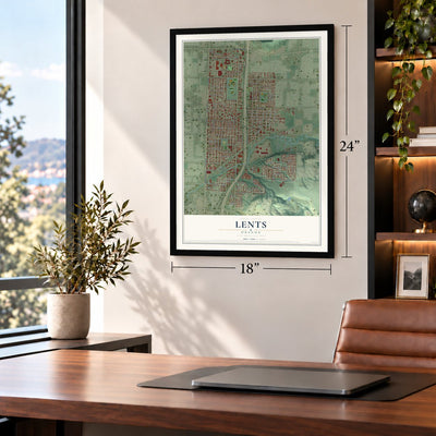 Lents, Oregon map, 18 x 24 inch print in a black frame in a home office