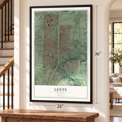 Lents, Oregon map, 24 x 36 inch print in a black frame by a staircase