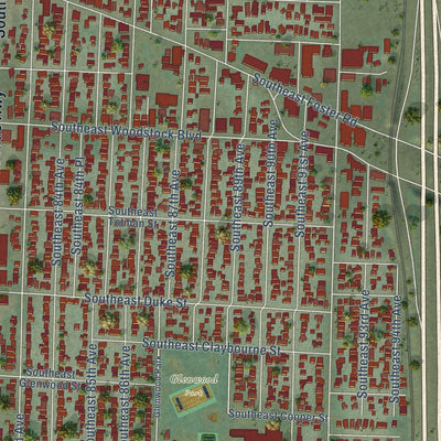 Close-up of the map of Lents, Oregon print showing street and building detail