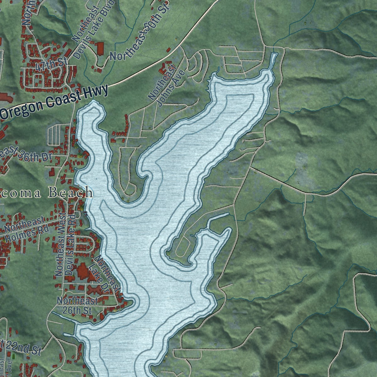 Second close-up of the map of Lincoln City, Oregon print showing more streets and buildings