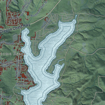 Second close-up of the map of Lincoln City, Oregon print showing more streets and buildings
