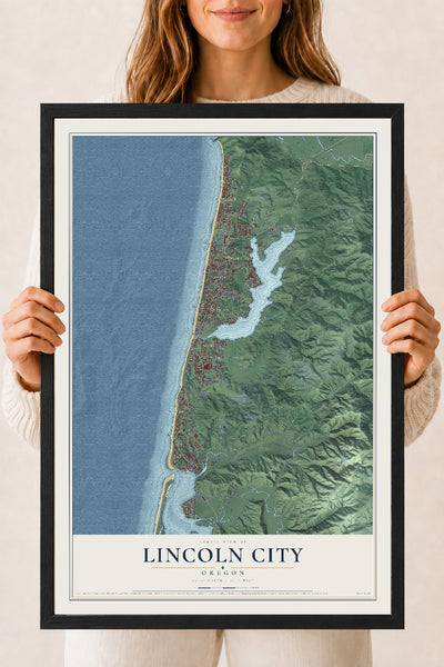 Map of Lincoln City, Oregon, 18 x 24 inch print in a black wood frame