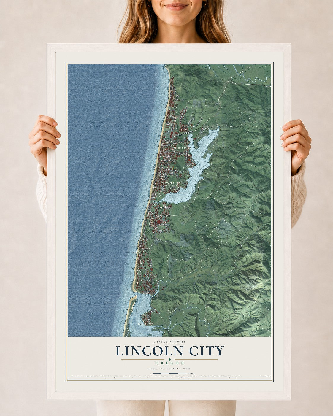 Map of Lincoln City, Oregon, 24 x 36 inch print in a white wood frame