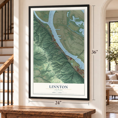 Linnton, Oregon map, 24 x 36 inch print in a black frame by a staircase