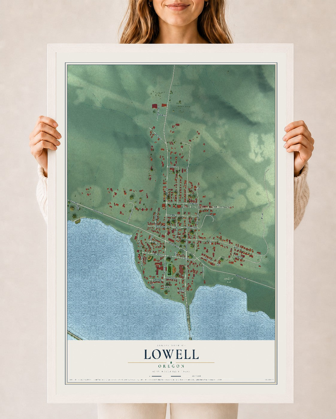 Map of Lowell, Oregon, 24 x 36 inch print in a white wood frame