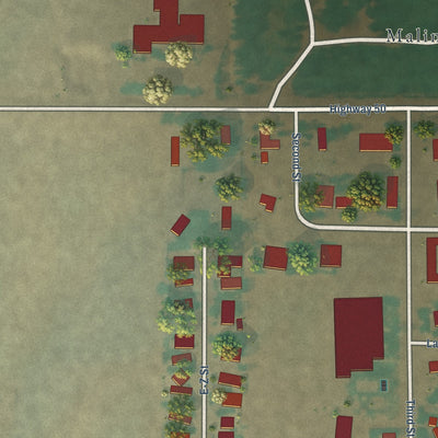 Second close-up of the map of Malin, Oregon print showing more streets and buildings