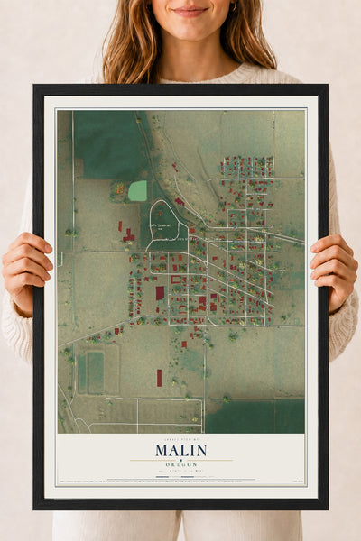 Map of Malin, Oregon, 18 x 24 inch print in a black wood frame