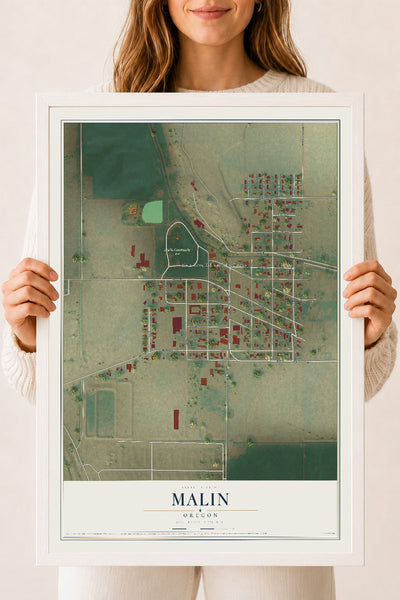 Map of Malin, Oregon, 18 x 24 inch print in a white wood frame