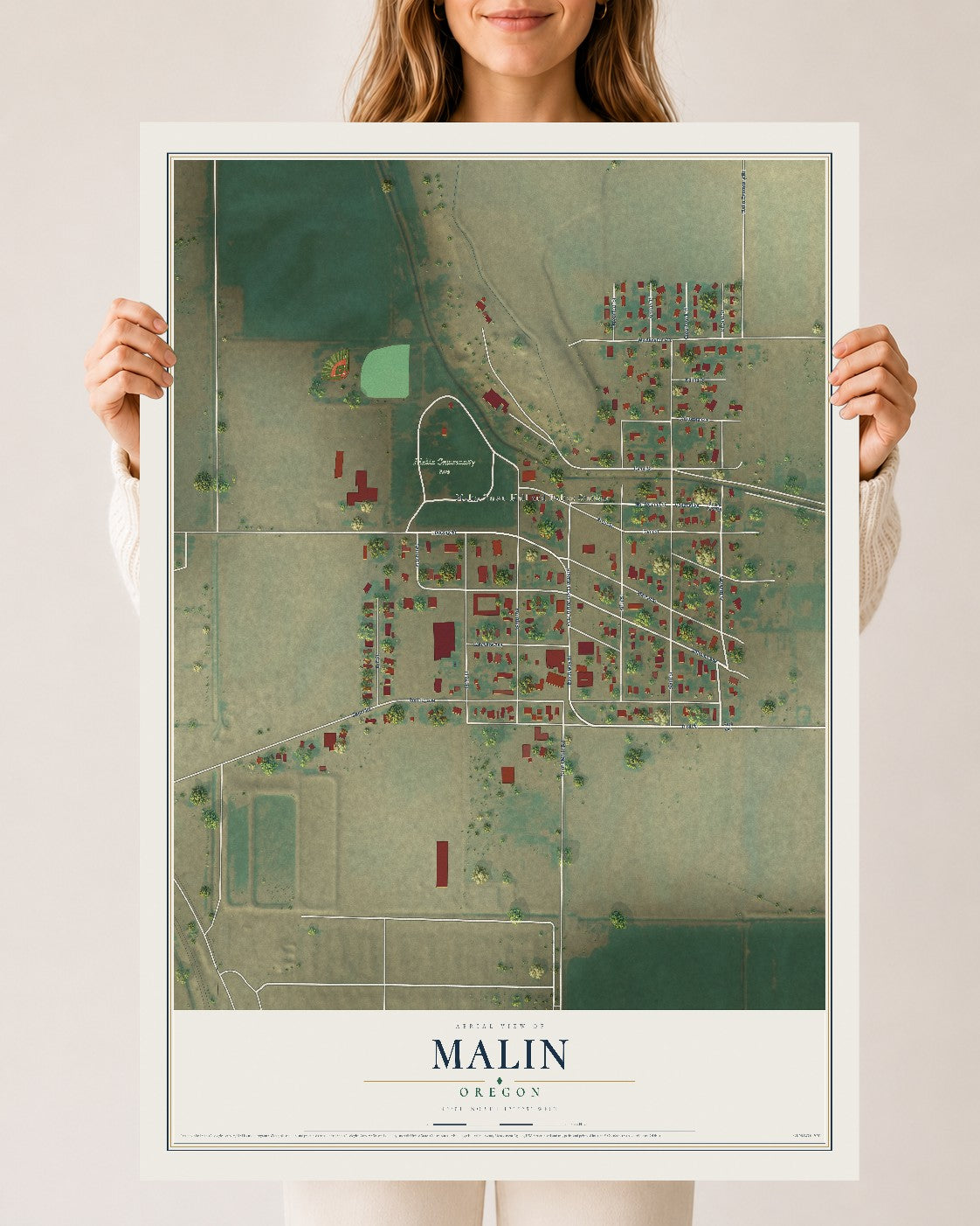 Map of Malin, Oregon, 24 x 36 inch unframed archival matte print