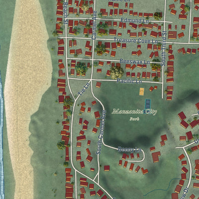 Second close-up of the map of Manzanita, Oregon print showing more streets and buildings