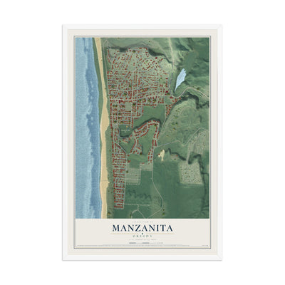 Map of Manzanita, Oregon, 12 x 18 inch print in a white wood frame