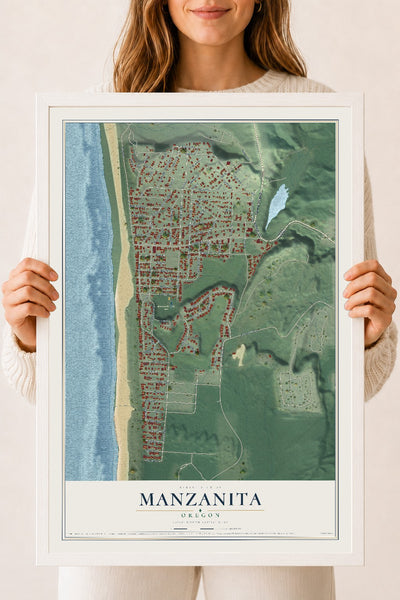 Map of Manzanita, Oregon, 18 x 24 inch print in a white wood frame