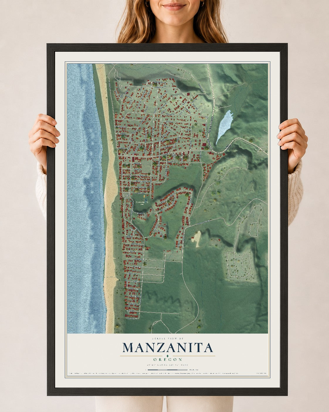 Map of Manzanita, Oregon, 24 x 36 inch print in a black wood frame