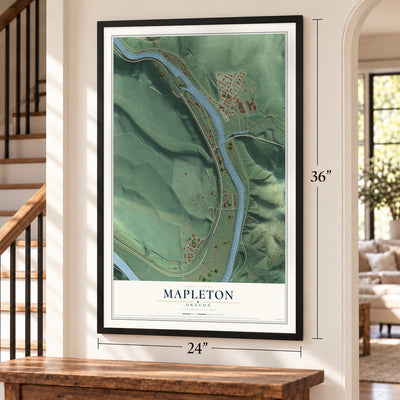 Mapleton, Oregon map, 24 x 36 inch print in a black frame by a staircase