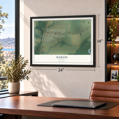 Marion, Oregon map, 18 x 24 inch print in a black frame in a home office