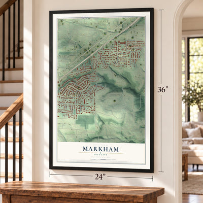 Markham, Oregon map, 24 x 36 inch print in a black frame by a staircase