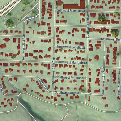 Close-up of the map of Markham, Oregon print showing street and building detail