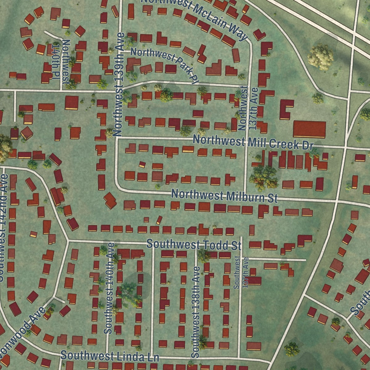 Close-up of the map of Marlene Village, Oregon print showing street and building detail