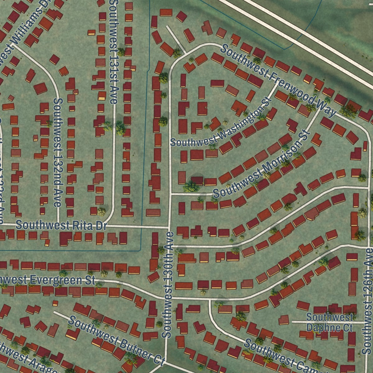 Second close-up of the map of Marlene Village, Oregon print showing more streets and buildings