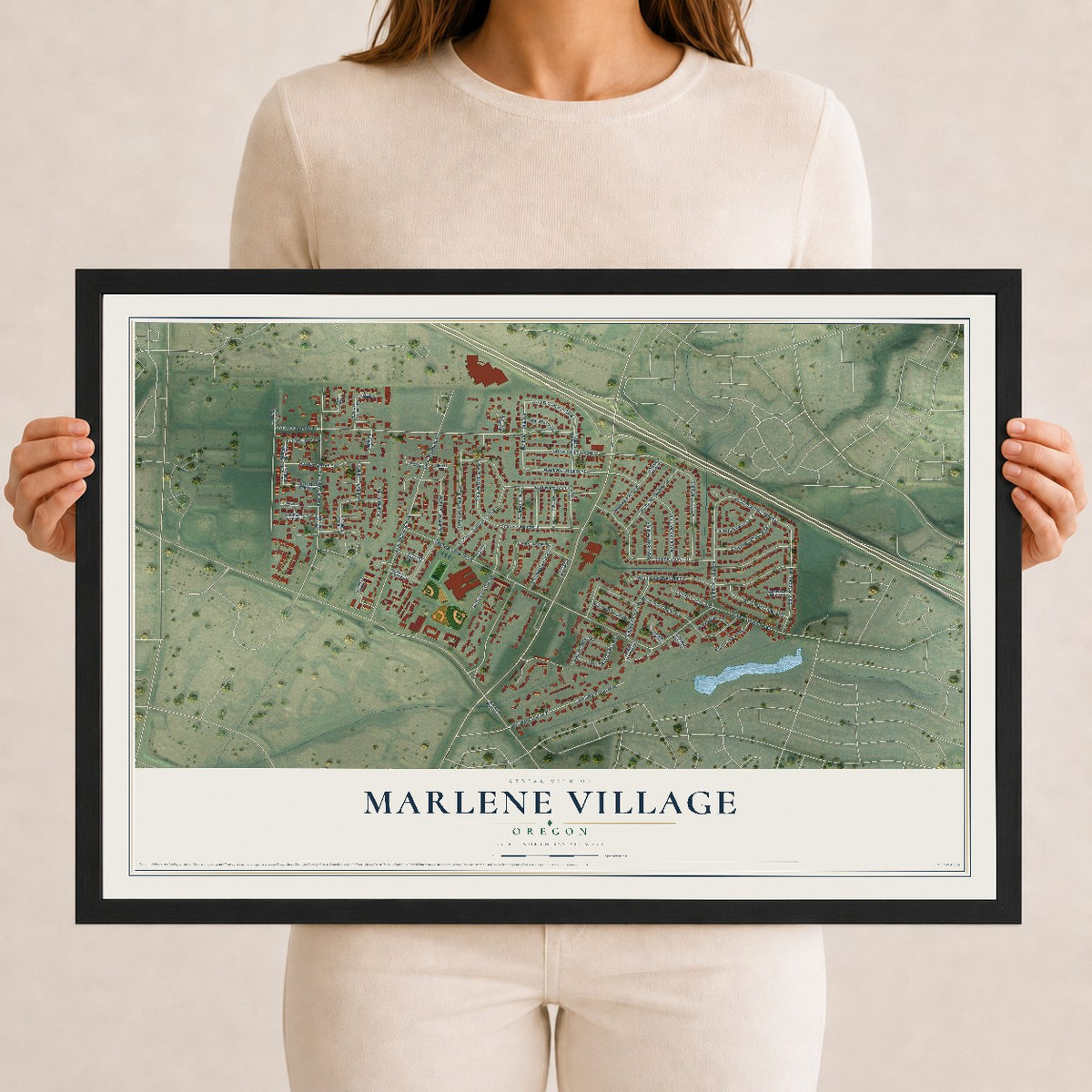 Map of Marlene Village, Oregon, 12 x 18 inch print in a black wood frame