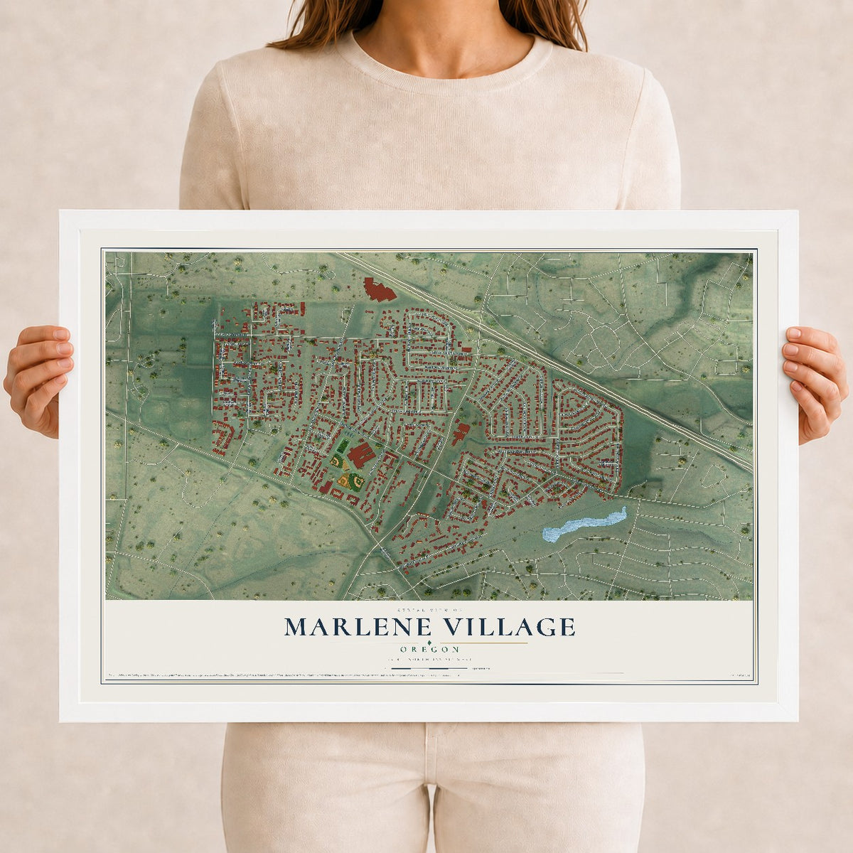 Map of Marlene Village, Oregon, 12 x 18 inch print in a white wood frame