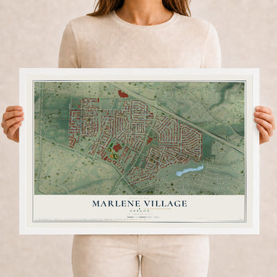 Map of Marlene Village, Oregon, 12 x 18 inch print in a white wood frame