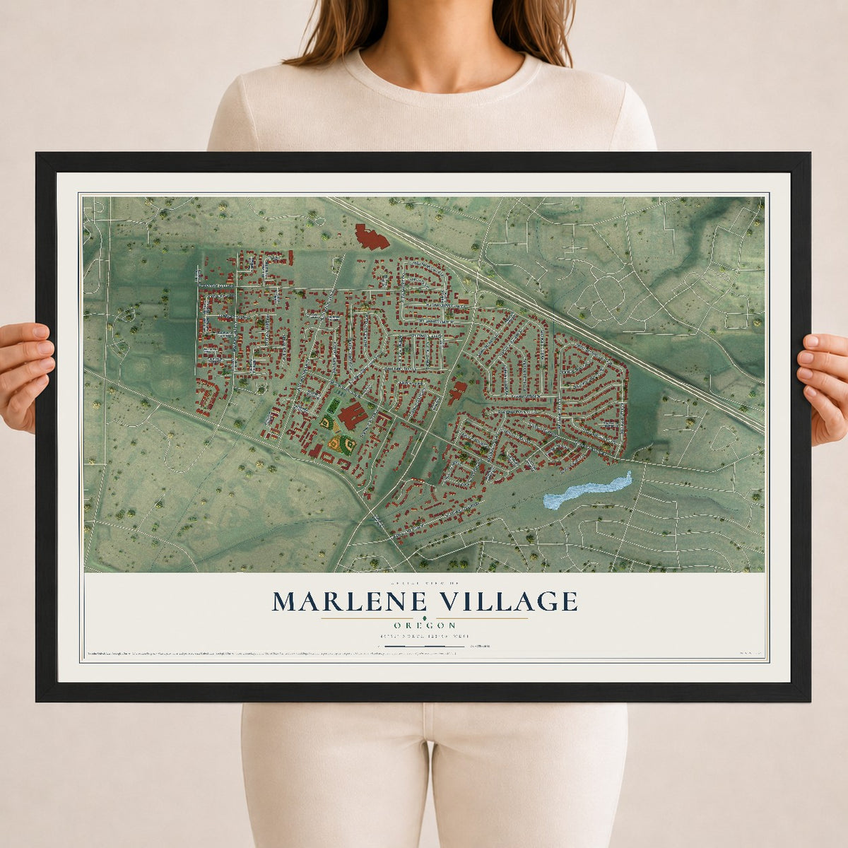 Map of Marlene Village, Oregon, 18 x 24 inch print in a black wood frame