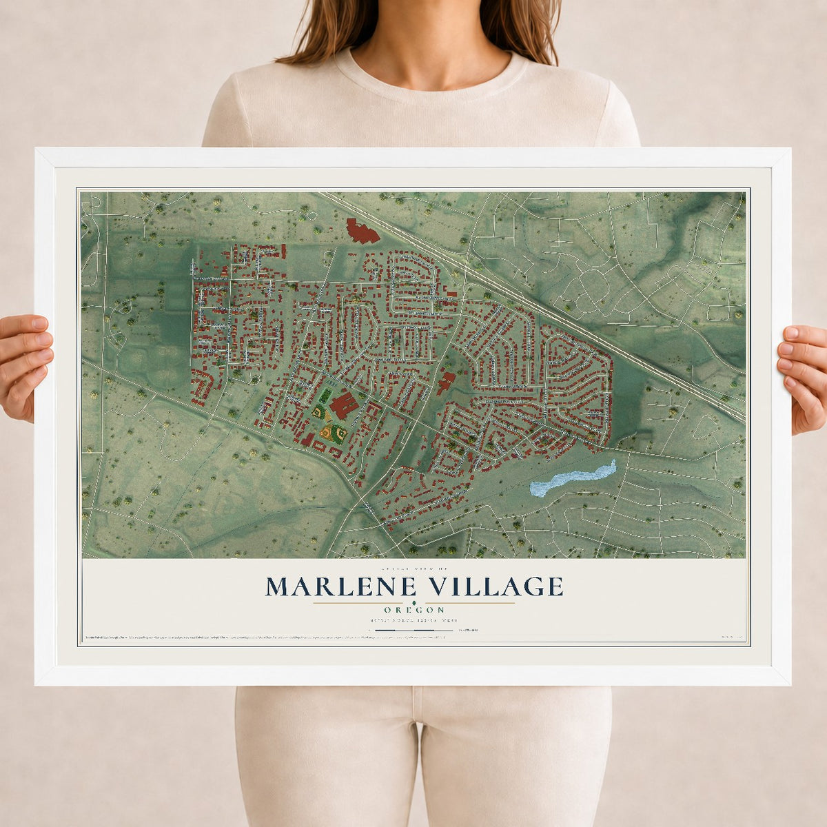 Map of Marlene Village, Oregon, 18 x 24 inch print in a white wood frame