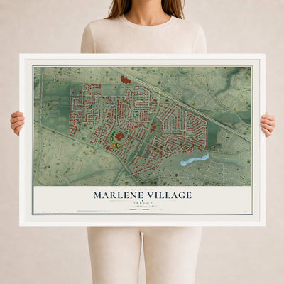 Map of Marlene Village, Oregon, 24 x 36 inch print in a white wood frame