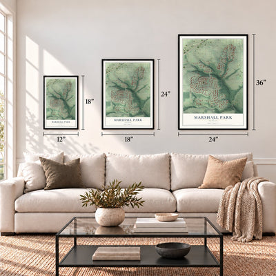 Marshall Park, Oregon map in 12 x 18, 18 x 24 and 24 x 36 inch sizes above a sofa