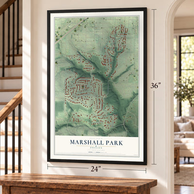Marshall Park, Oregon map, 24 x 36 inch print in a black frame by a staircase