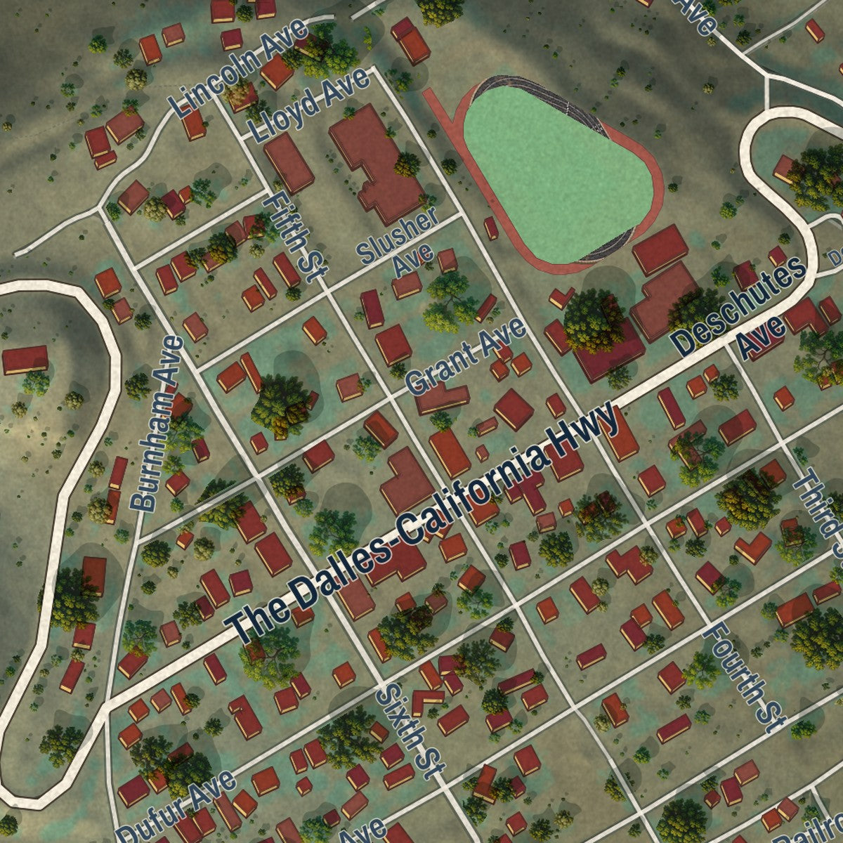 Close-up of the map of Maupin, Oregon print showing street and building detail