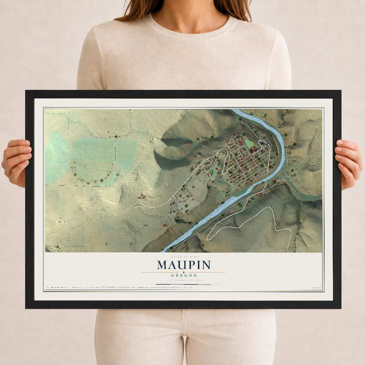 Map of Maupin, Oregon, 12 x 18 inch print in a black wood frame