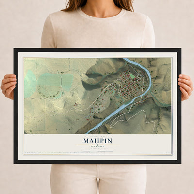 Map of Maupin, Oregon, 12 x 18 inch print in a black wood frame
