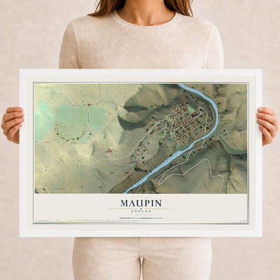 Map of Maupin, Oregon, 12 x 18 inch print in a white wood frame