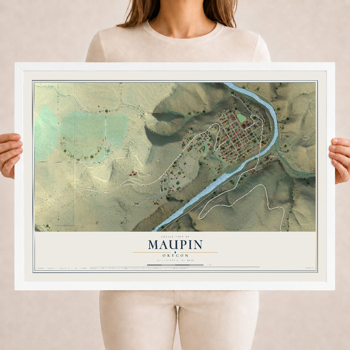 Map of Maupin, Oregon, 18 x 24 inch print in a white wood frame