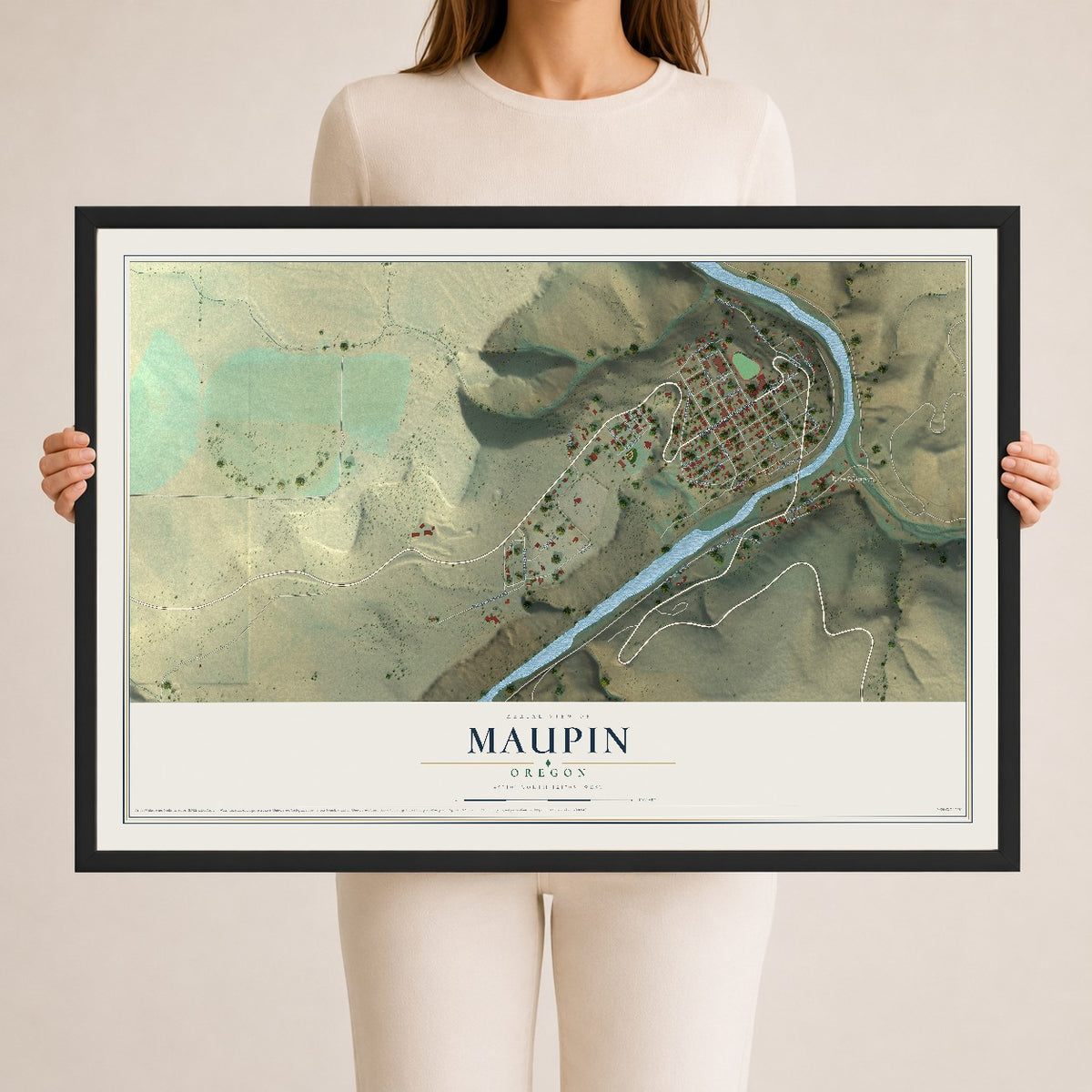 Map of Maupin, Oregon, 24 x 36 inch print in a black wood frame