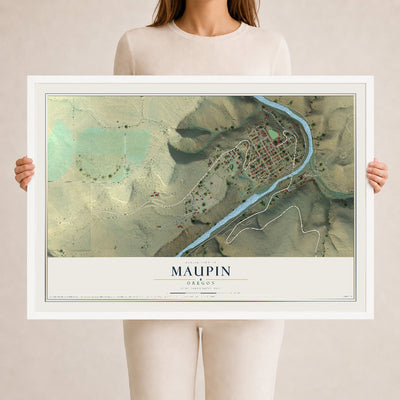 Map of Maupin, Oregon, 24 x 36 inch print in a white wood frame