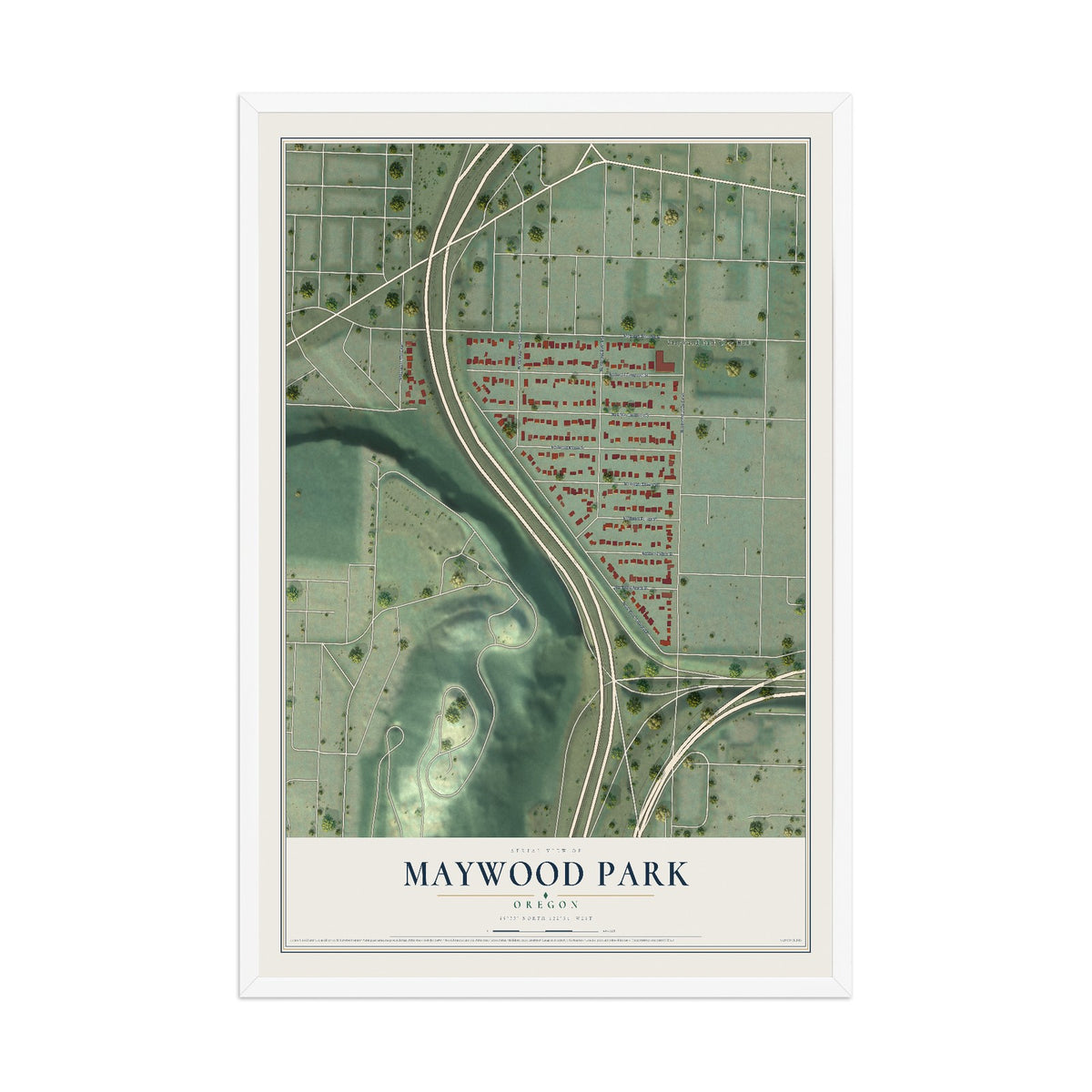 Map of Maywood Park, Oregon, 12 x 18 inch print in a white wood frame