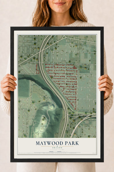 Map of Maywood Park, Oregon, 18 x 24 inch print in a black wood frame