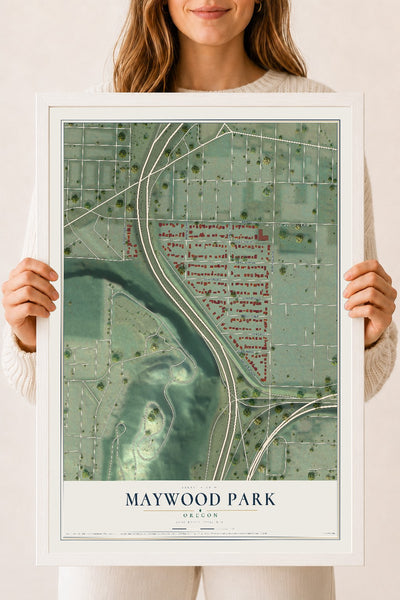 Map of Maywood Park, Oregon, 18 x 24 inch print in a white wood frame