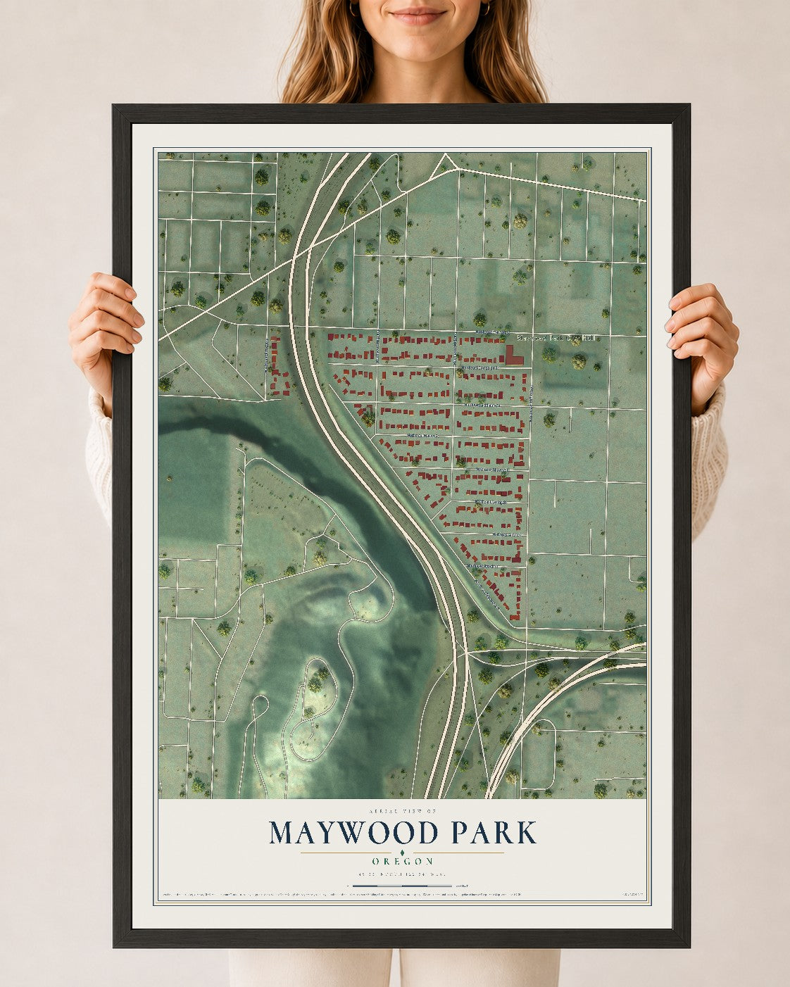 Map of Maywood Park, Oregon, 24 x 36 inch print in a black wood frame