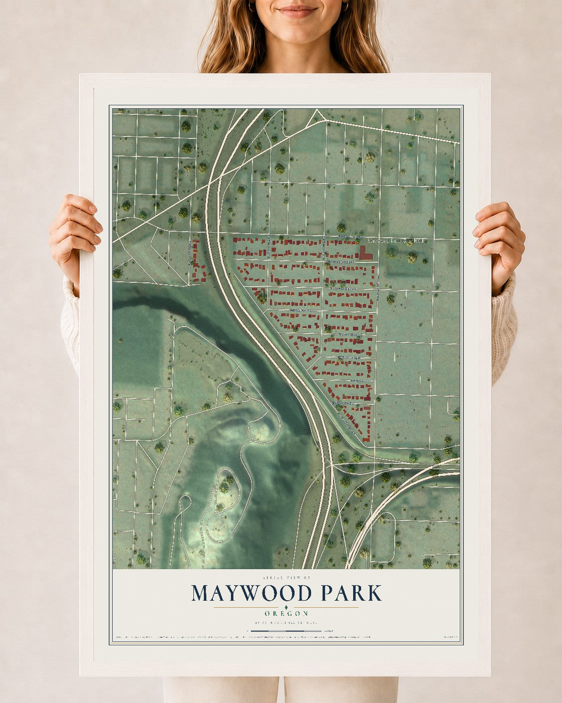 Map of Maywood Park, Oregon, 24 x 36 inch print in a white wood frame