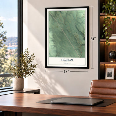 Meacham, Oregon map, 18 x 24 inch print in a black frame in a home office