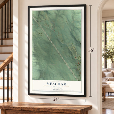 Meacham, Oregon map, 24 x 36 inch print in a black frame by a staircase