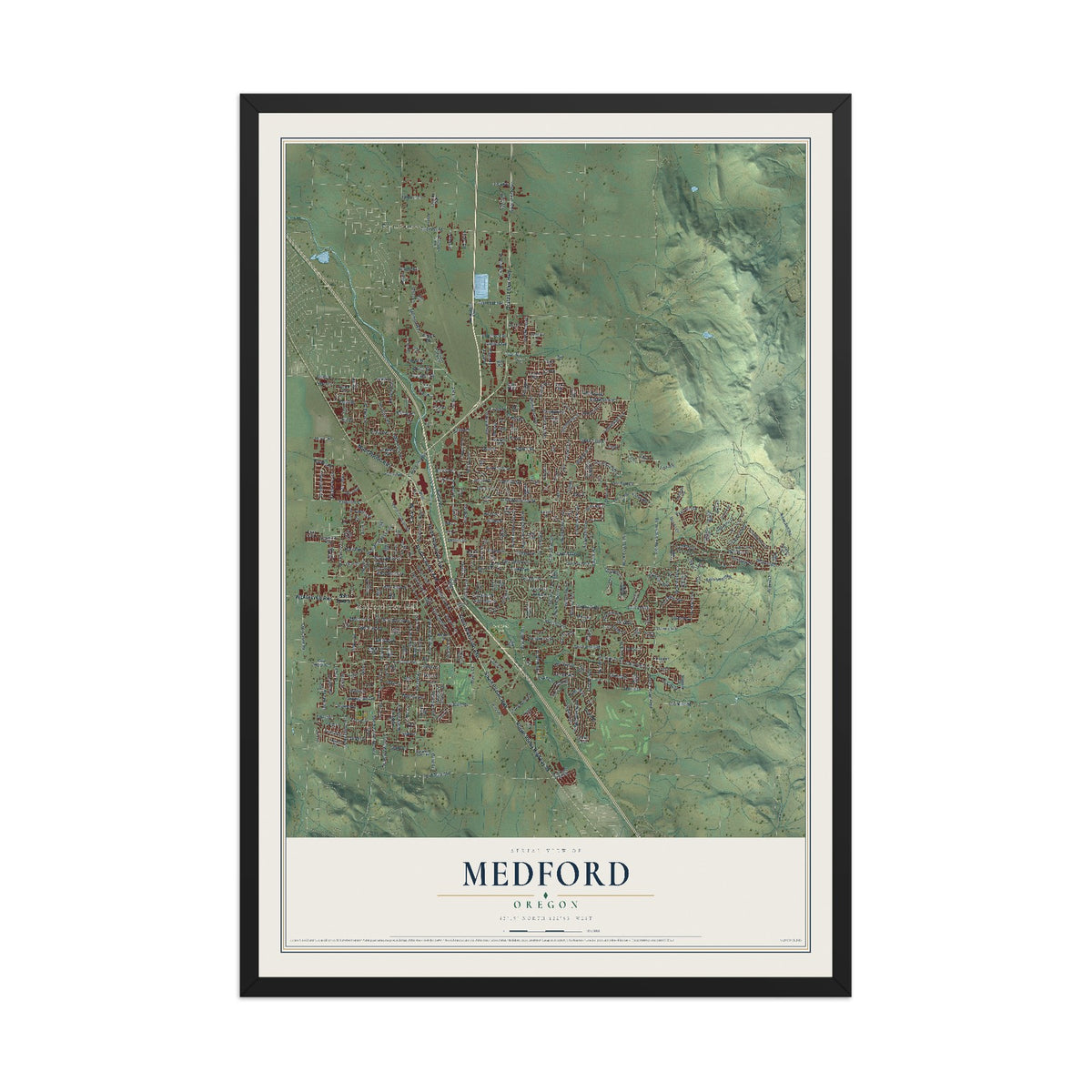 Map of Medford, Oregon, 12 x 18 inch print in a black wood frame