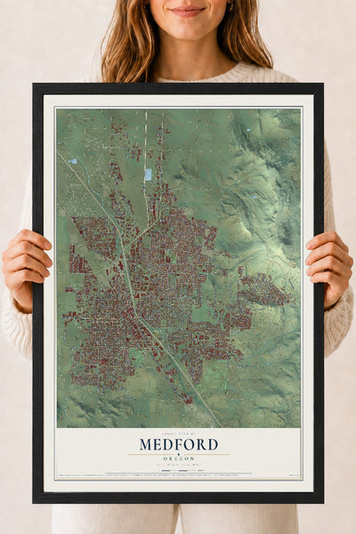 Map of Medford, Oregon, 18 x 24 inch print in a black wood frame